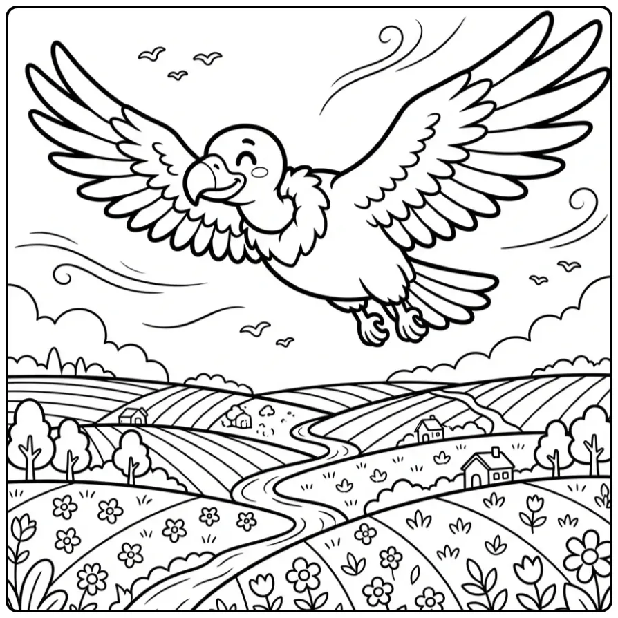 Zwevende kleurplaat buizerd boven velden en rivier.