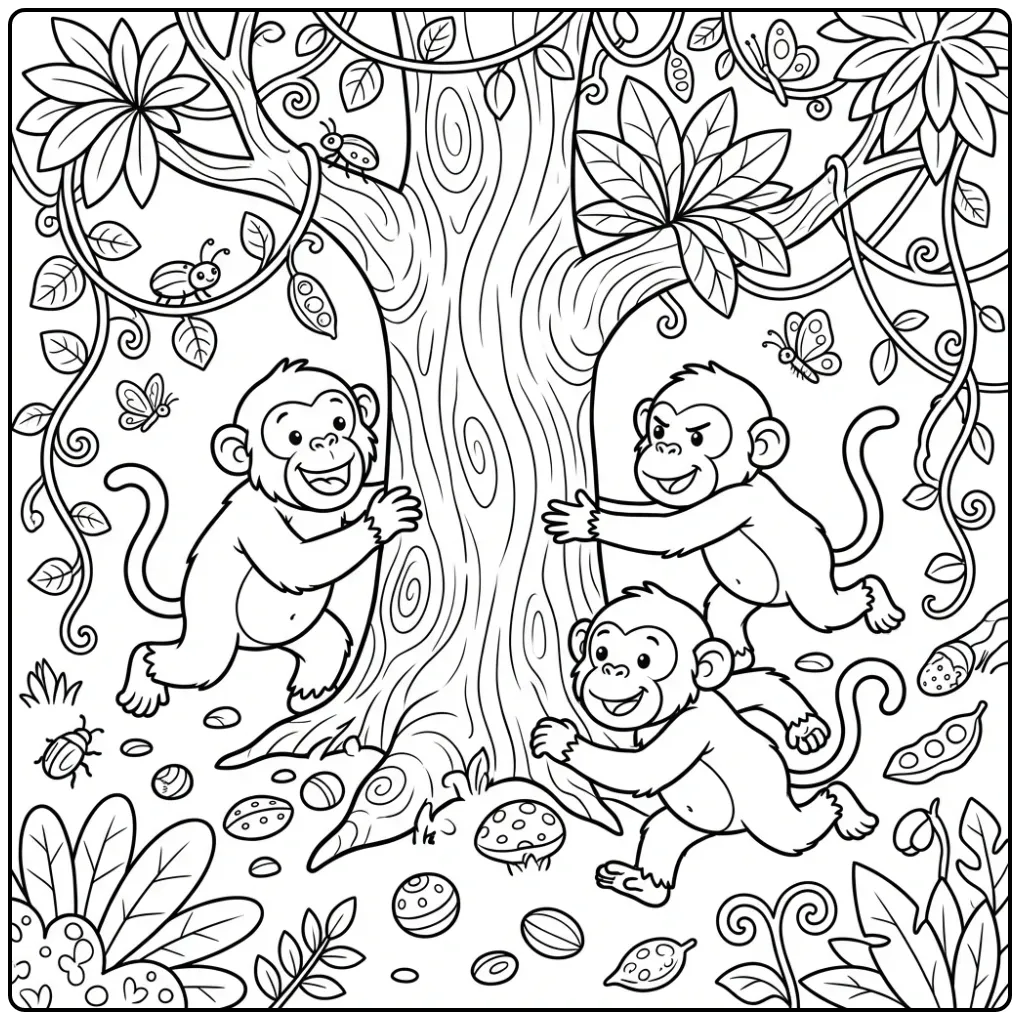 Vrolijke kleurplaat chimpansee spelend rond een boomstam.