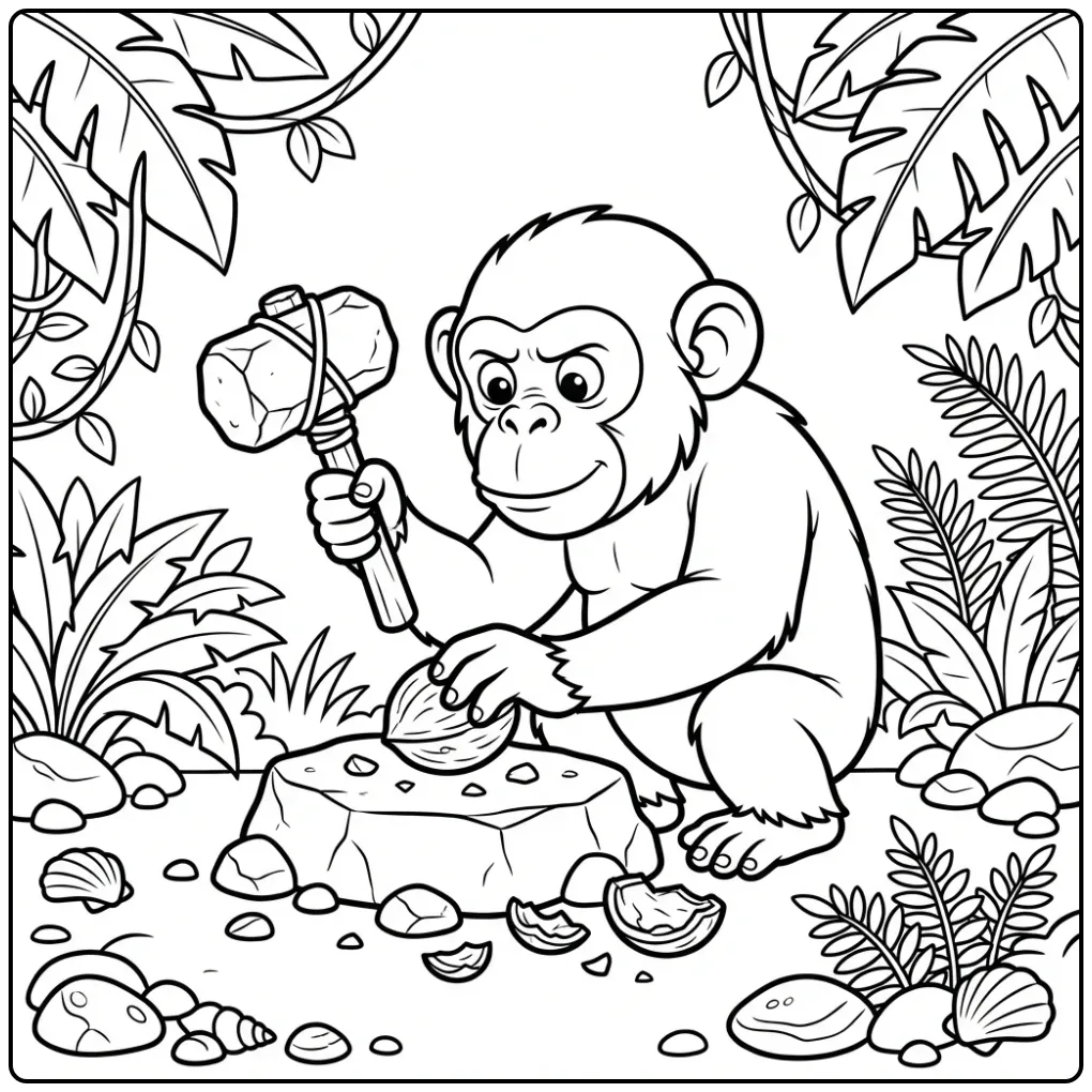 Kleurplaat chimpansee kraakt noot met steen in de jungle.