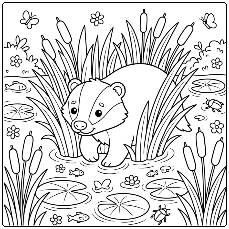 Een schattige kleurplaat das tussen het riet bij de vijver.