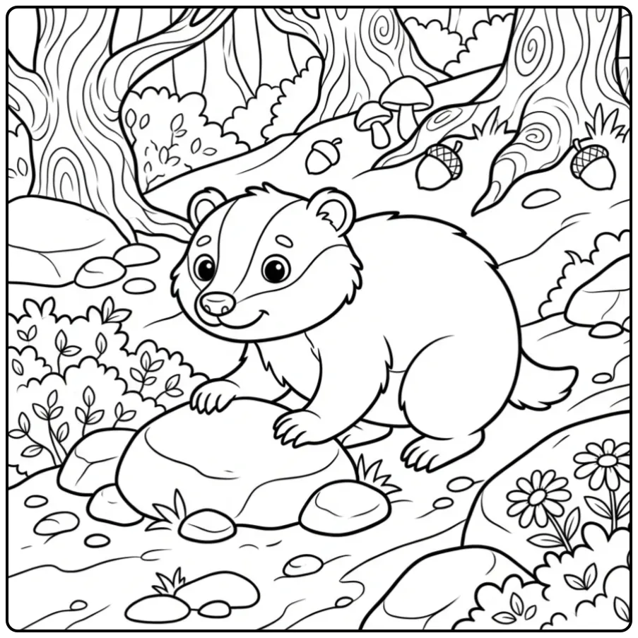 Een vrolijke kleurplaat das tussen stenen en bloemen.