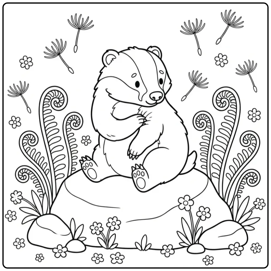 Schattige kleurplaat das wast zich op een steen tussen varens.