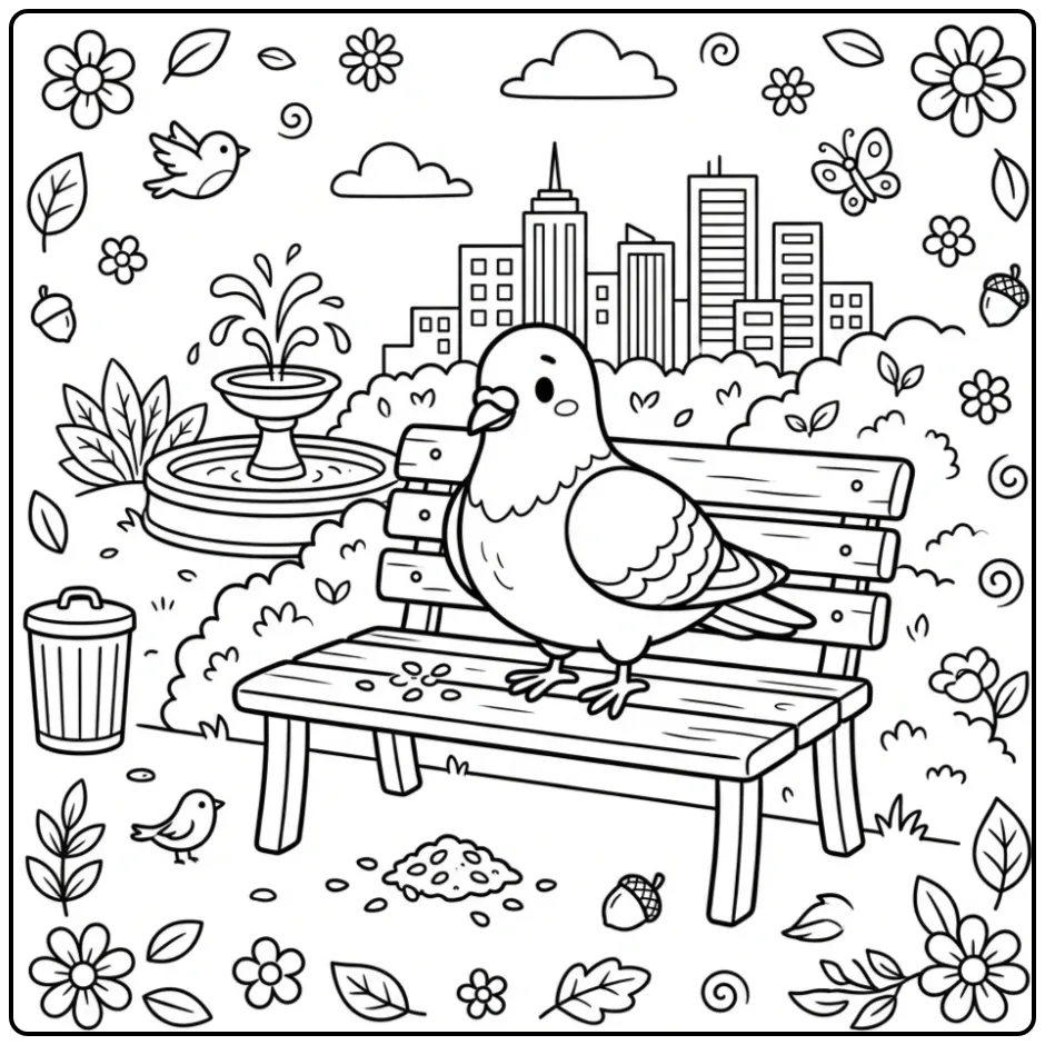 Een schattige kleurplaat duif op een bankje in het park.