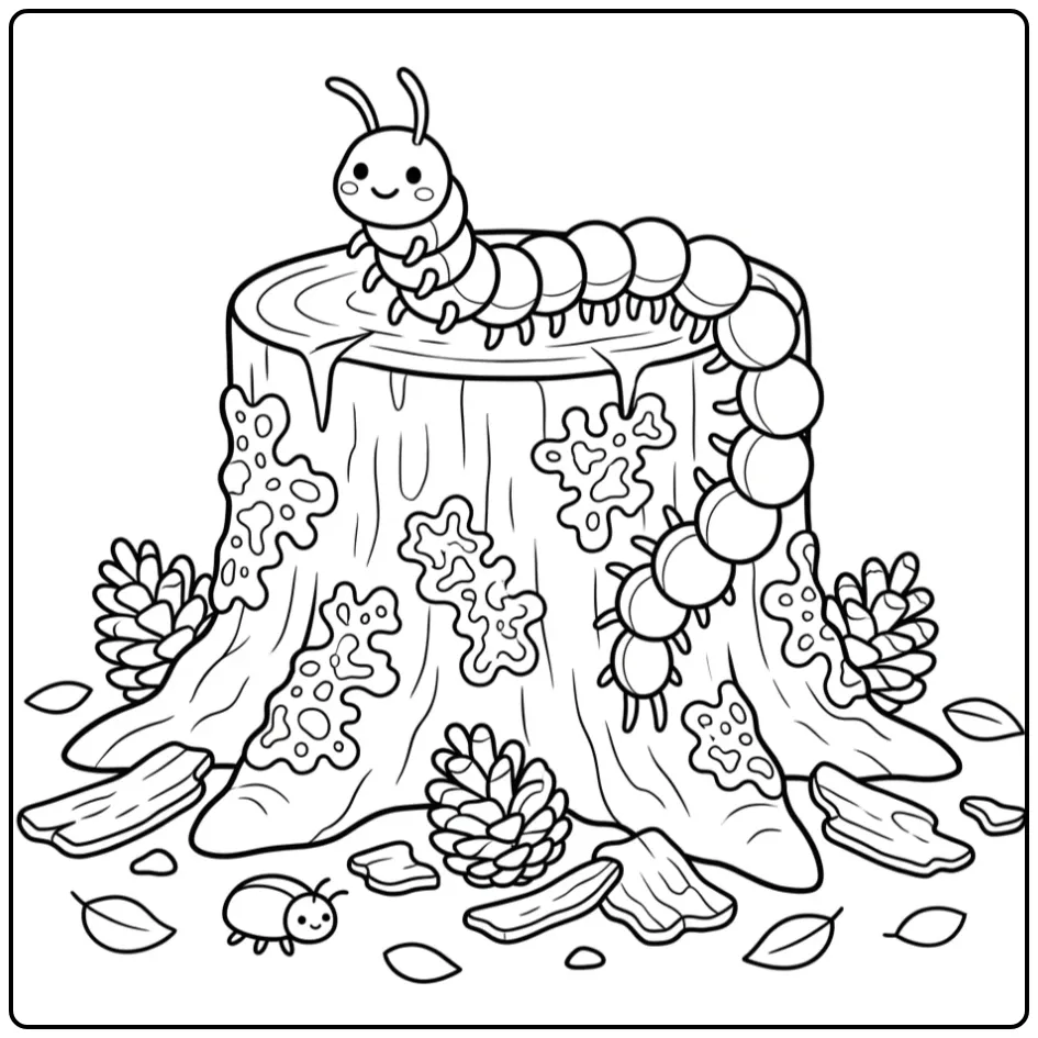 Vrolijke kleurplaat duizendpoot klimt op een boomstronk.
