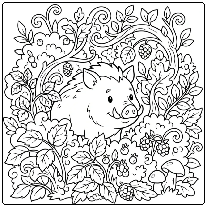 Schattige kleurplaat everzwijn tussen bladeren en bessen.