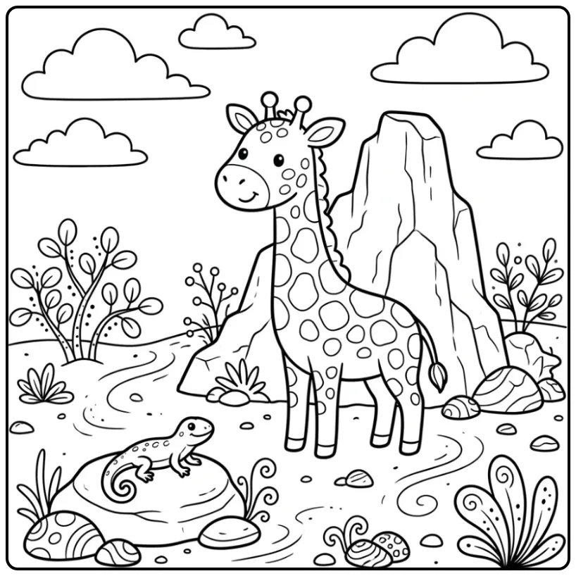 Schattige kleurplaat giraffe naast een rots met hagedis.