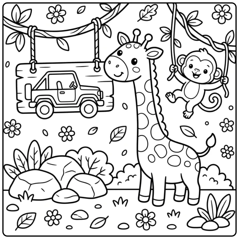 Schattige kleurplaat giraffe bij een safaribord en aapje.