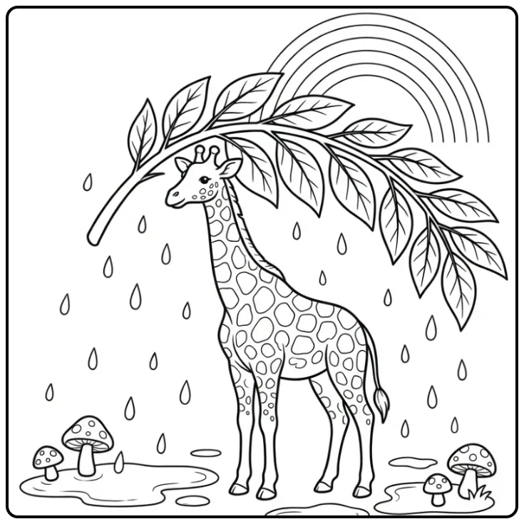 Schattige kleurplaat giraffe met een blad in de regen.