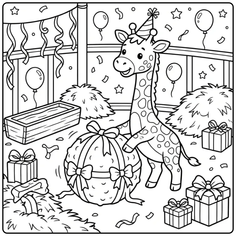 Vrolijke kleurplaat giraffe verjaardag met bal en cadeaus.