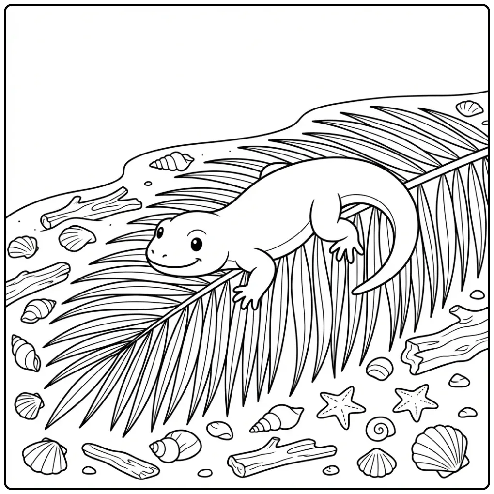 Kleurplaat hagedis op een palmblad aan de kustlijn.