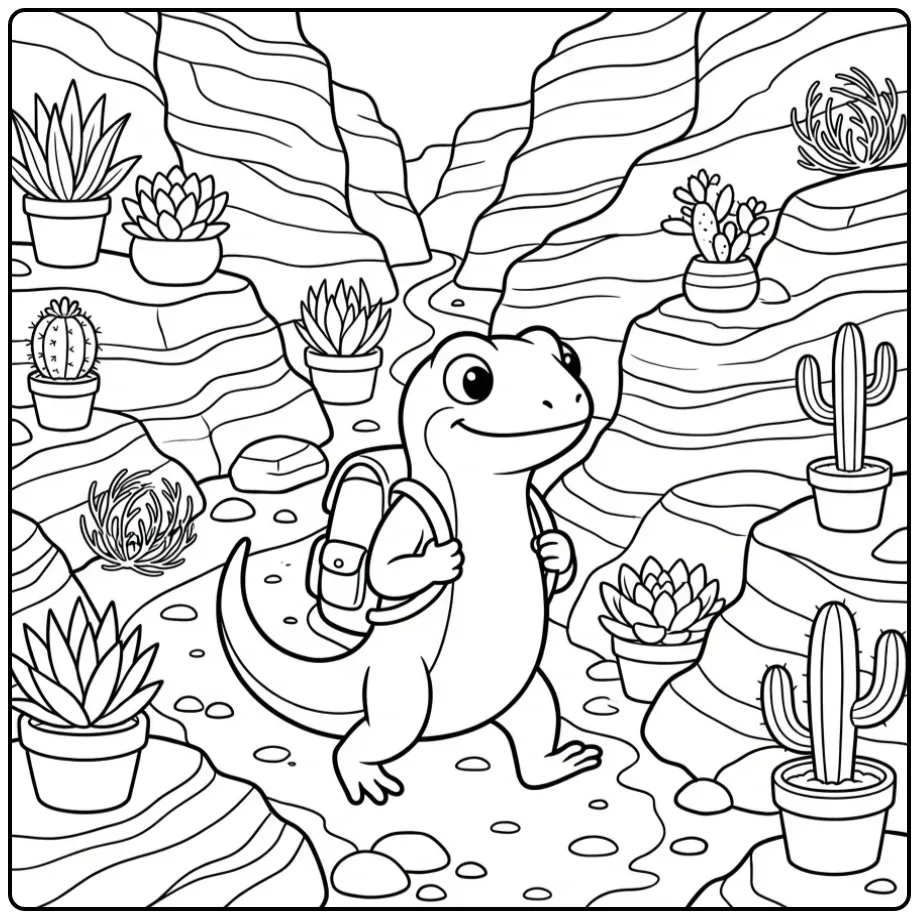 Vrolijke kleurplaat hagedis op een pad in een stenen canyon.