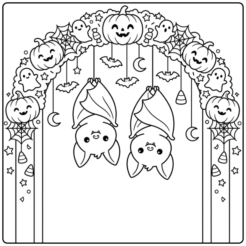Vrolijke kleurplaat halloween vleermuis onder een versierde boog