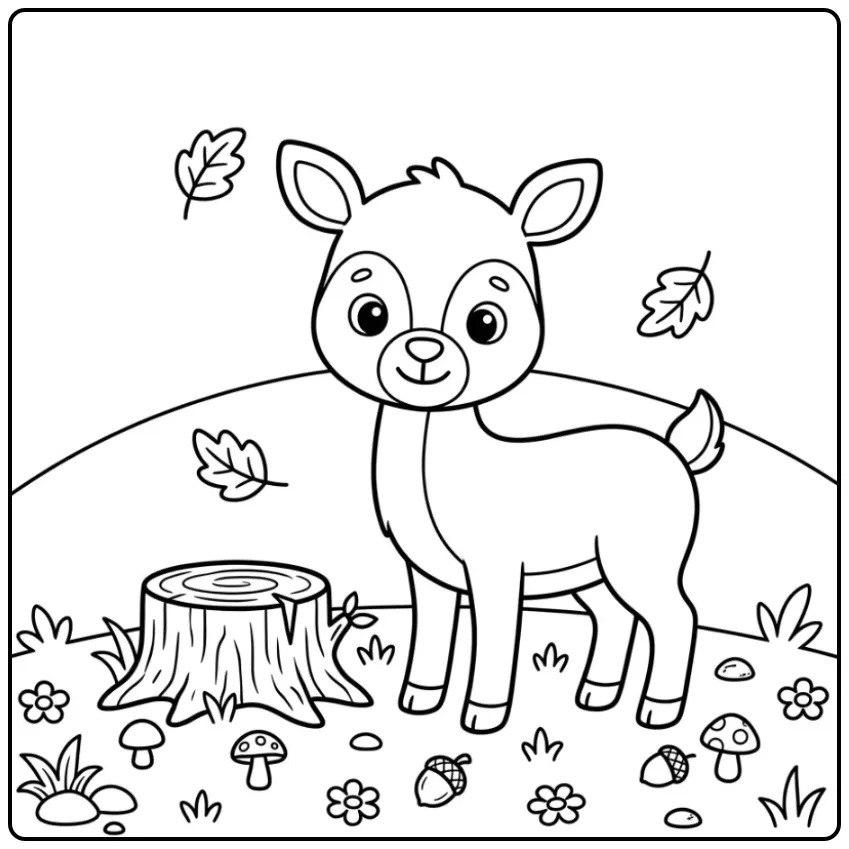 Schattige kleurplaat hert makkelijk bij een boomstronk.