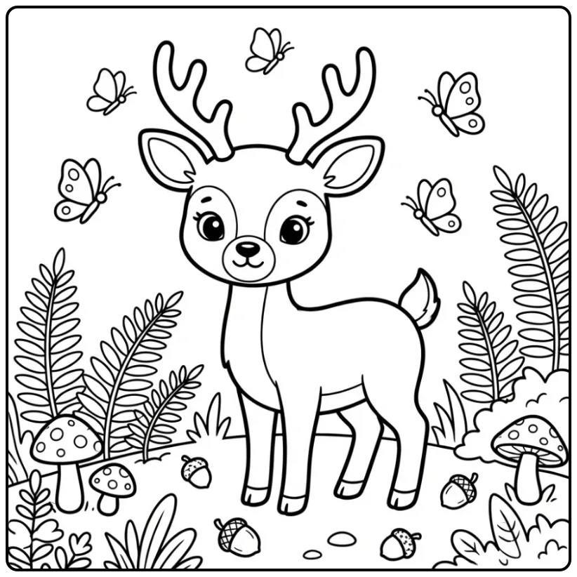Een schattige kleurplaat hertje in een bos met vlinders.