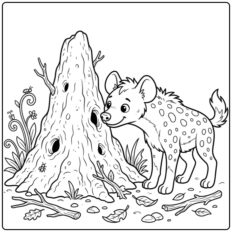 Schattige kleurplaat hyena snuffelt aan een heuvel.