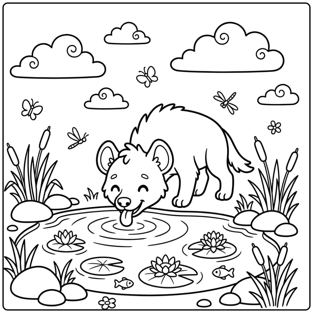 Schattige kleurplaat hyena drinkt uit een waterpoel met riet.