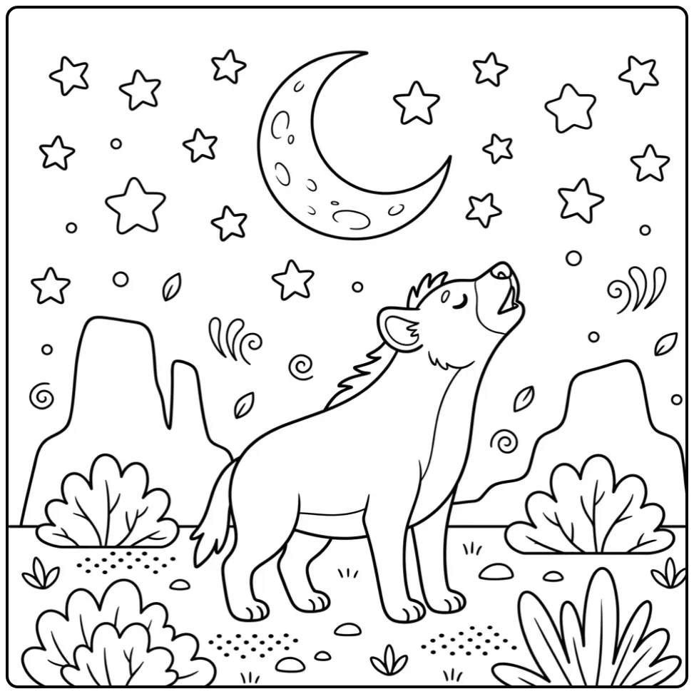 Een schattige kleurplaat hyena die huilt naar de maan.