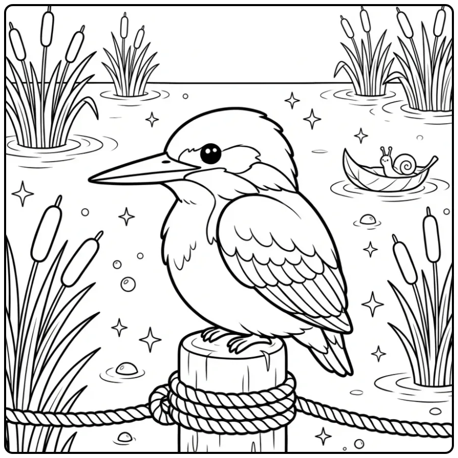 Een schattige kleurplaat ijsvogel op een touw bij het meer.