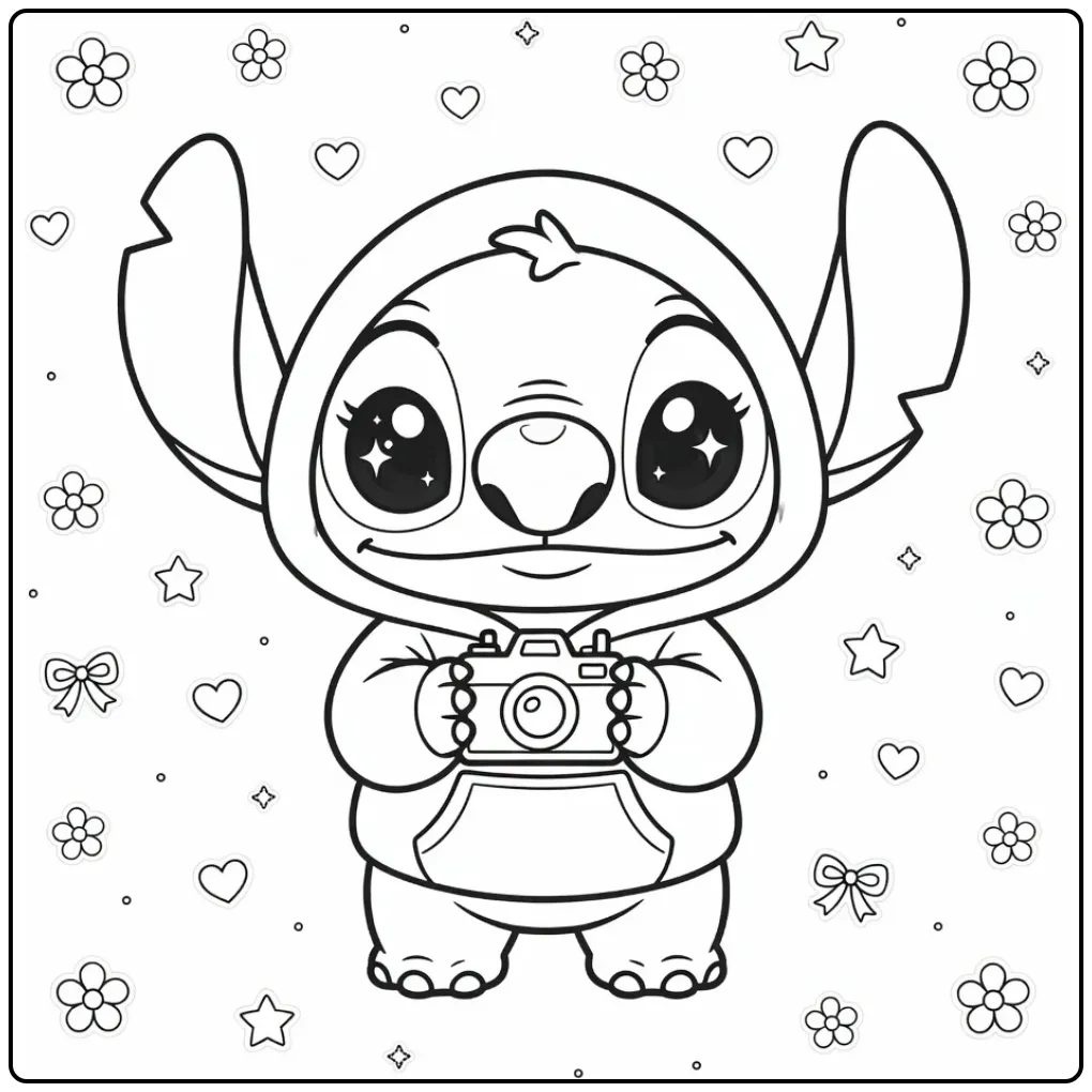 Schattige kleurplaat kawaii stitch met camera en bloemen.