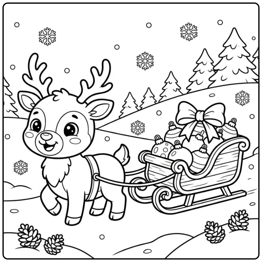 Een vrolijke kleurplaat kerst hert met een slee vol cadeaus.