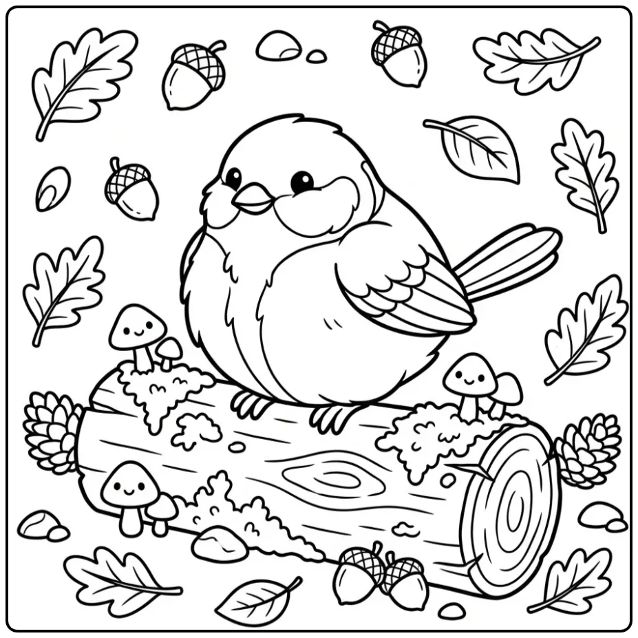 Schattige kleurplaat koolmees op een boomstam met paddenstoelen.