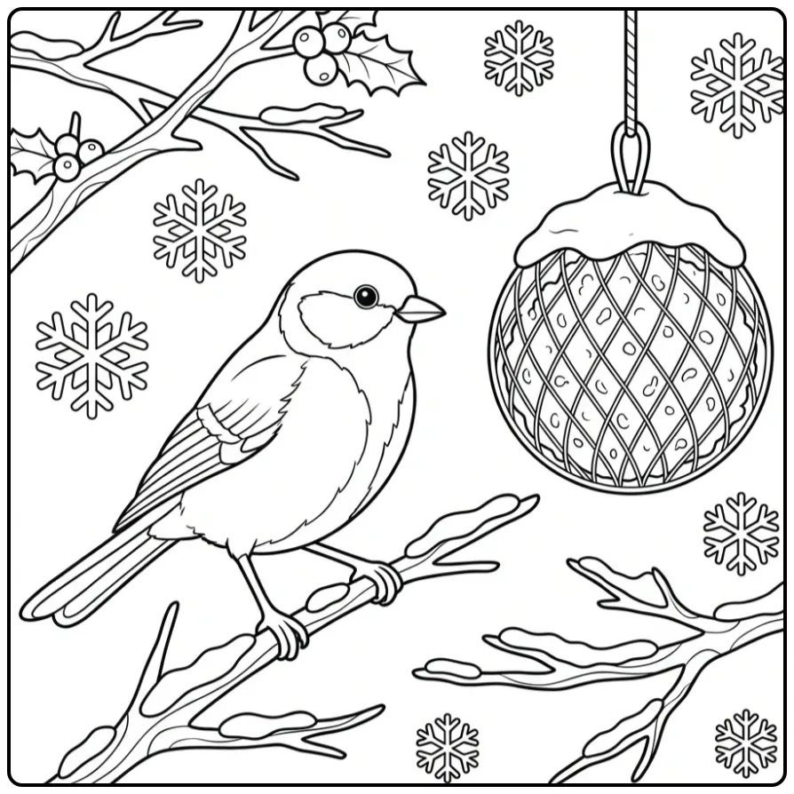 Winterse kleurplaat koolmees op een takje met sneeuw.