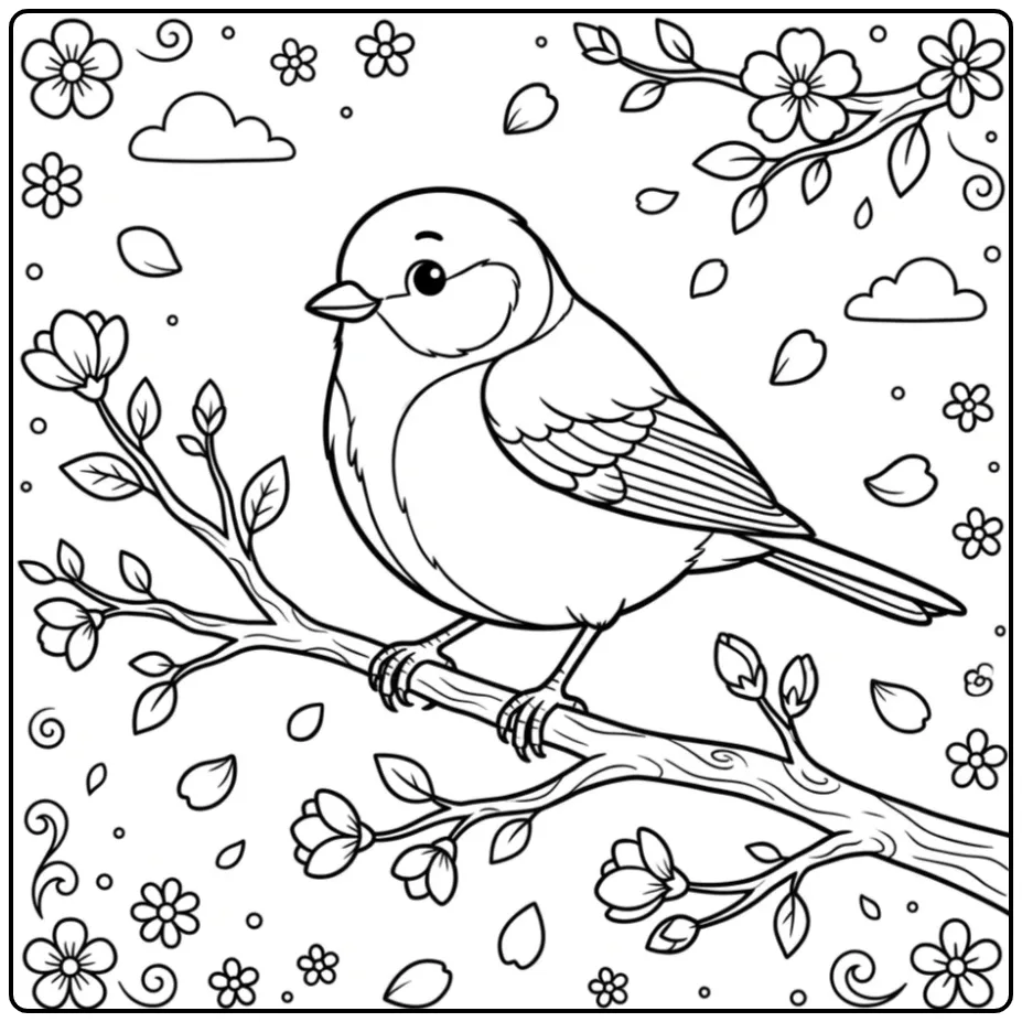 Een vrolijke kleurplaat koolmees op een tak in de lente.