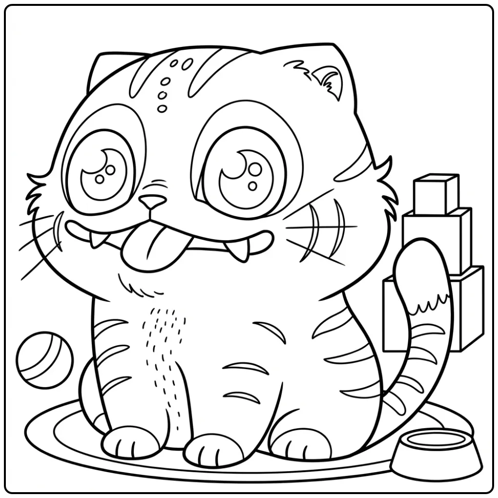 Kleurplaat kpop demon hunters derpy kat met grote ogen en tong.