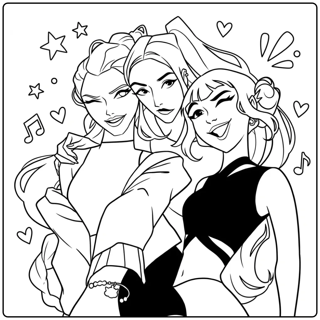 Drie meiden op een kleurplaat kpop demon hunters.