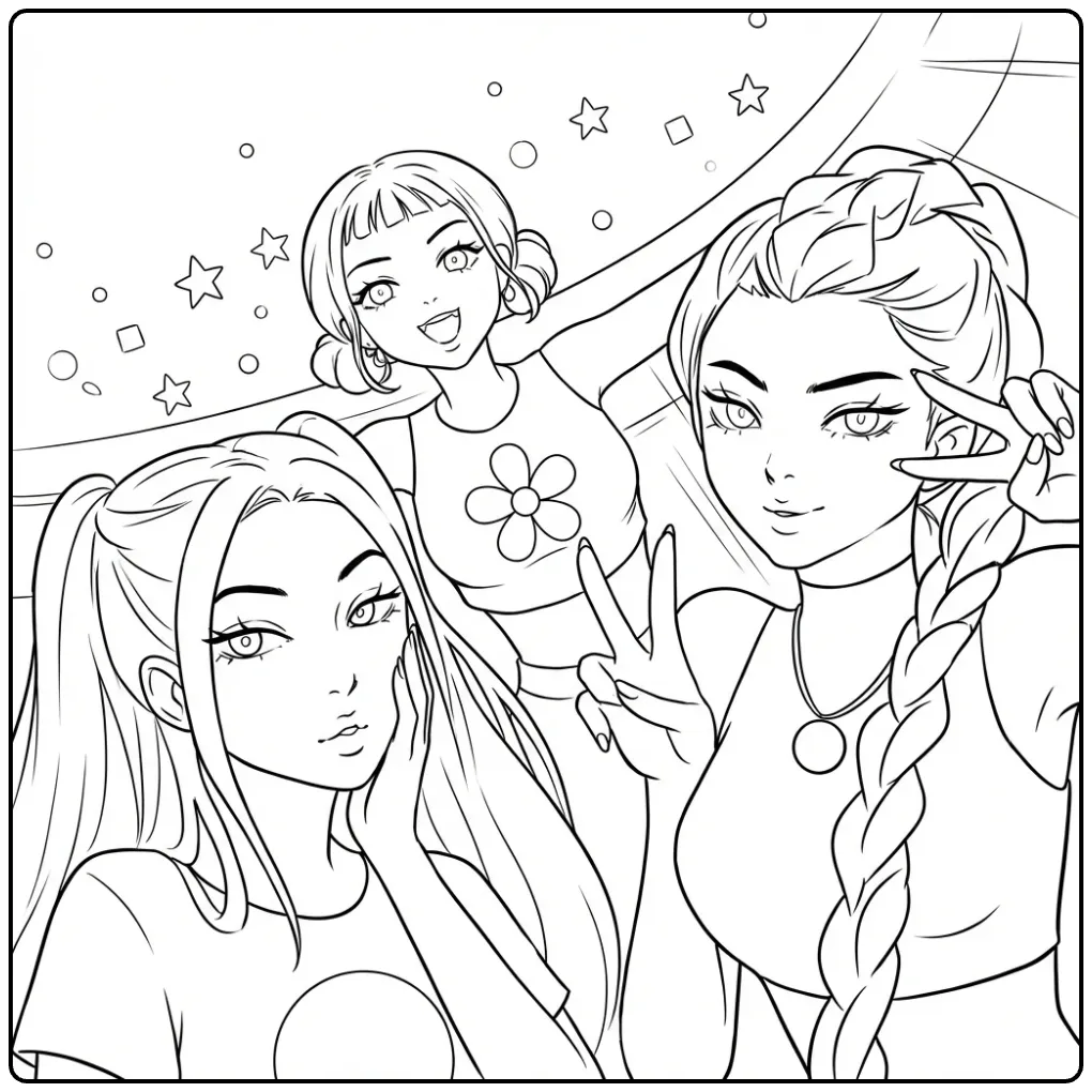 Kleurplaat kpop demon hunters van drie meiden die poseren.