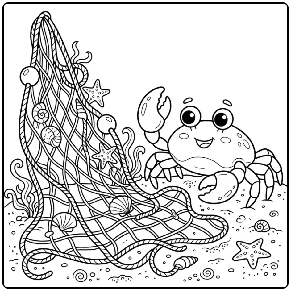 Realistische kleurplaat krab bij een net en schelpen