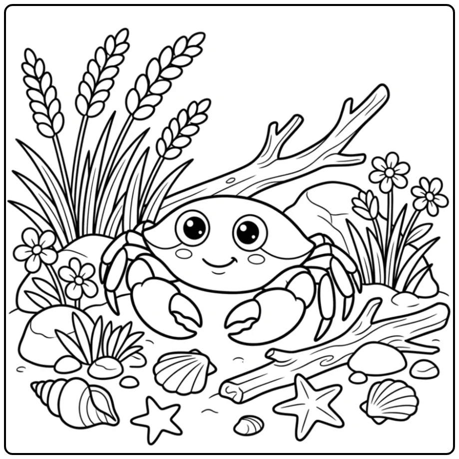 Schattige kleurplaat krab bij rotsen en schelpen aan zee.