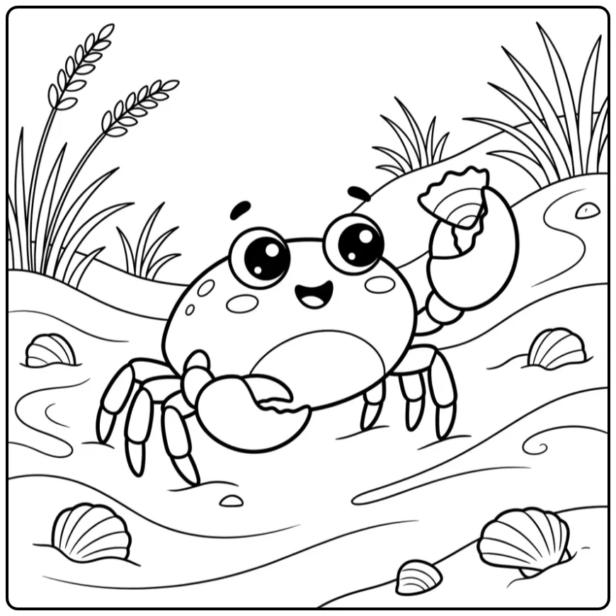 Kleurplaat krab met schelp tussen duinplanten en zand.