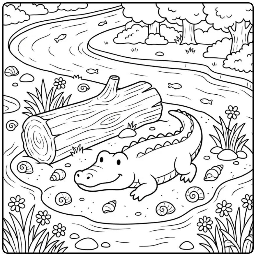Schattige kleurplaat krokodil zonnend op een riviereiland