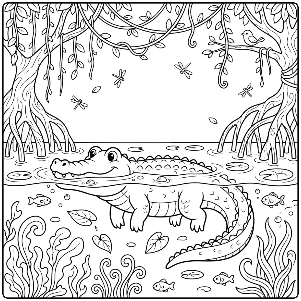 Zwemmende kleurplaat krokodil in moeras water.