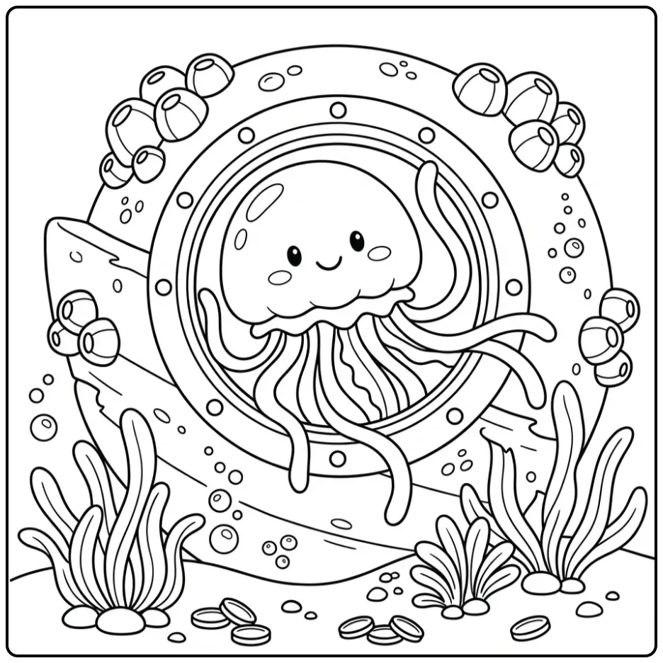 Een schattige kleurplaat kwal bij een scheepsraam.