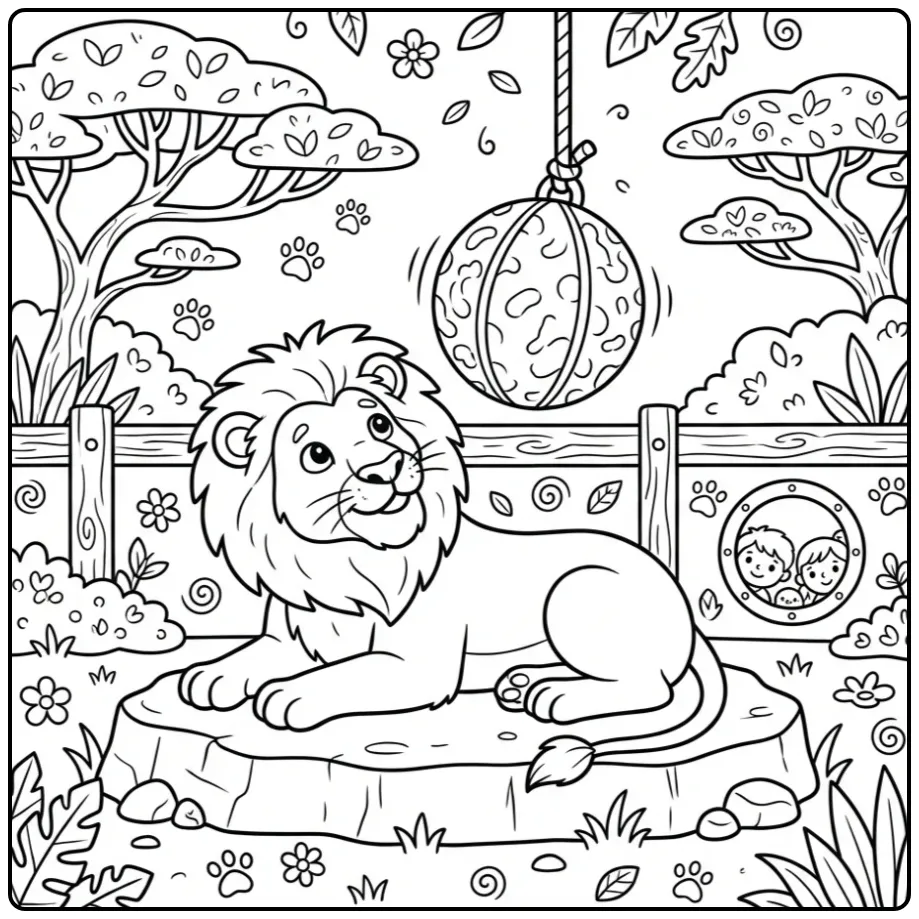 Een speelse kleurplaat leeuw rustend bij een speelbal.