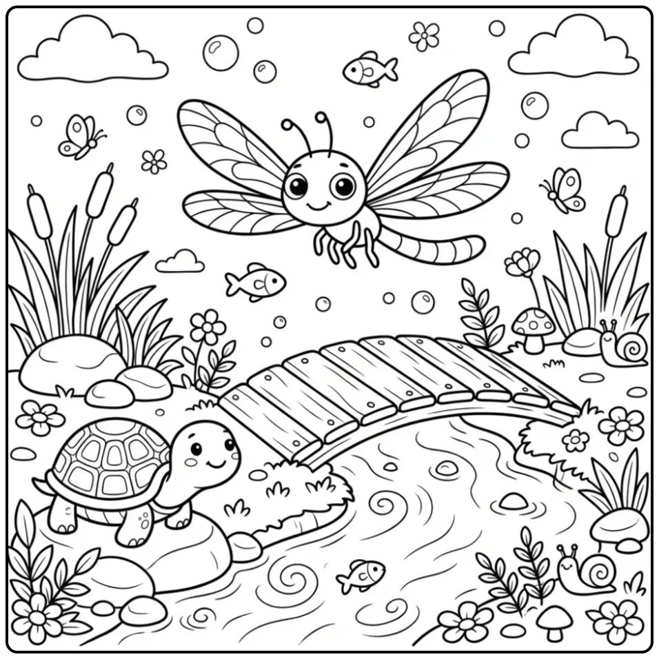 Schattige kleurplaat libelle bij een bruggetje en schildpad.