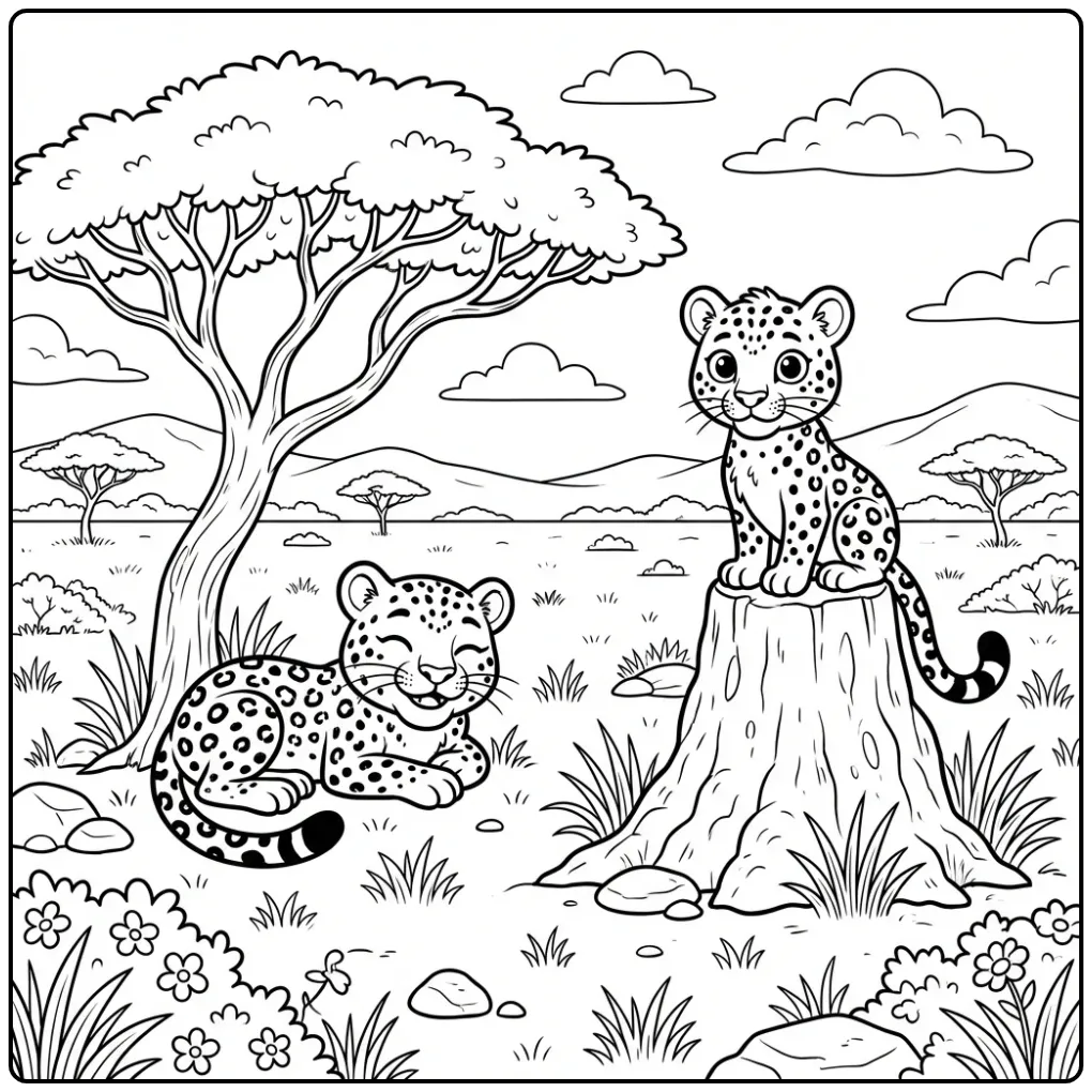Schattige kleurplaat luipaard met vriendje op de savanne.