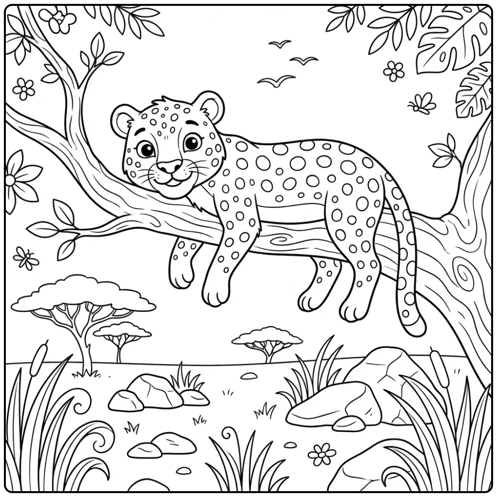 Een schattige kleurplaat luipaard rustend op een dikke tak.