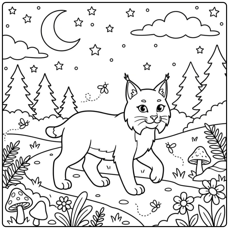 Kleurplaat lynx wandelend onder de maan en sterren in het bos
