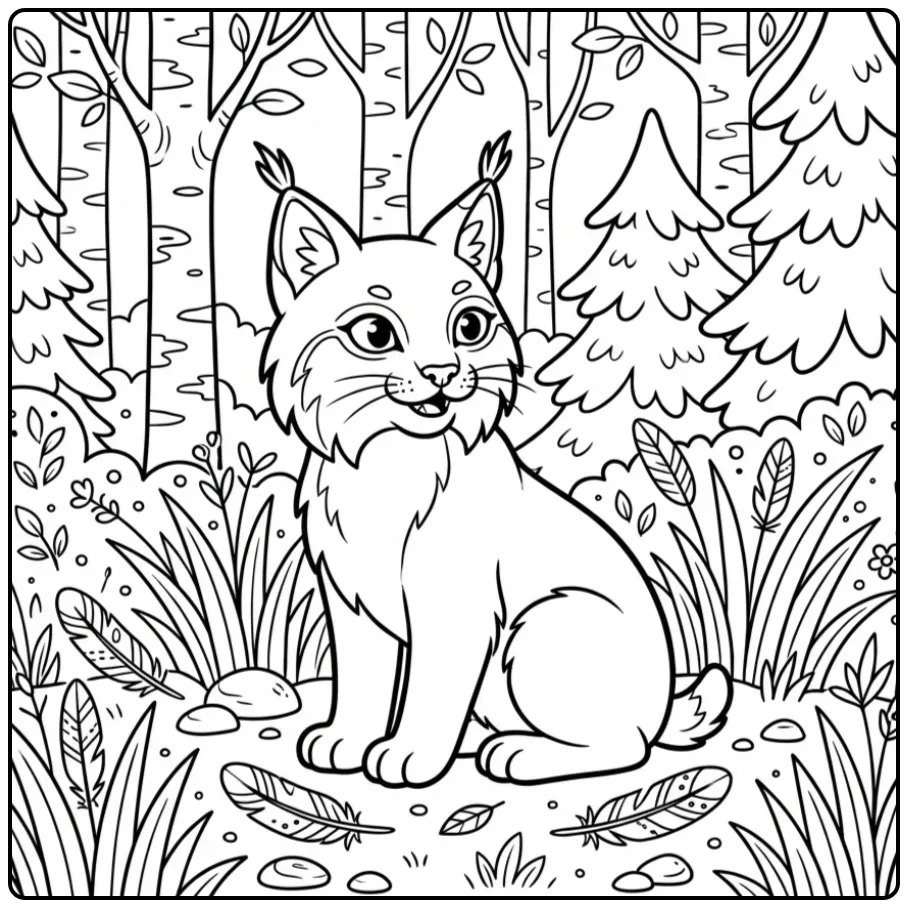 Een schattige kleurplaat lynx zittend tussen bomen en gras.