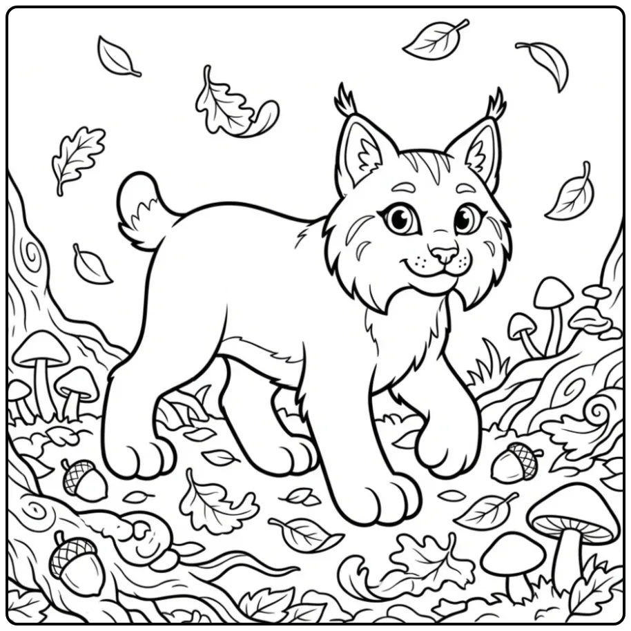 Een schattige kleurplaat lynx wandelend in een herfstbos.