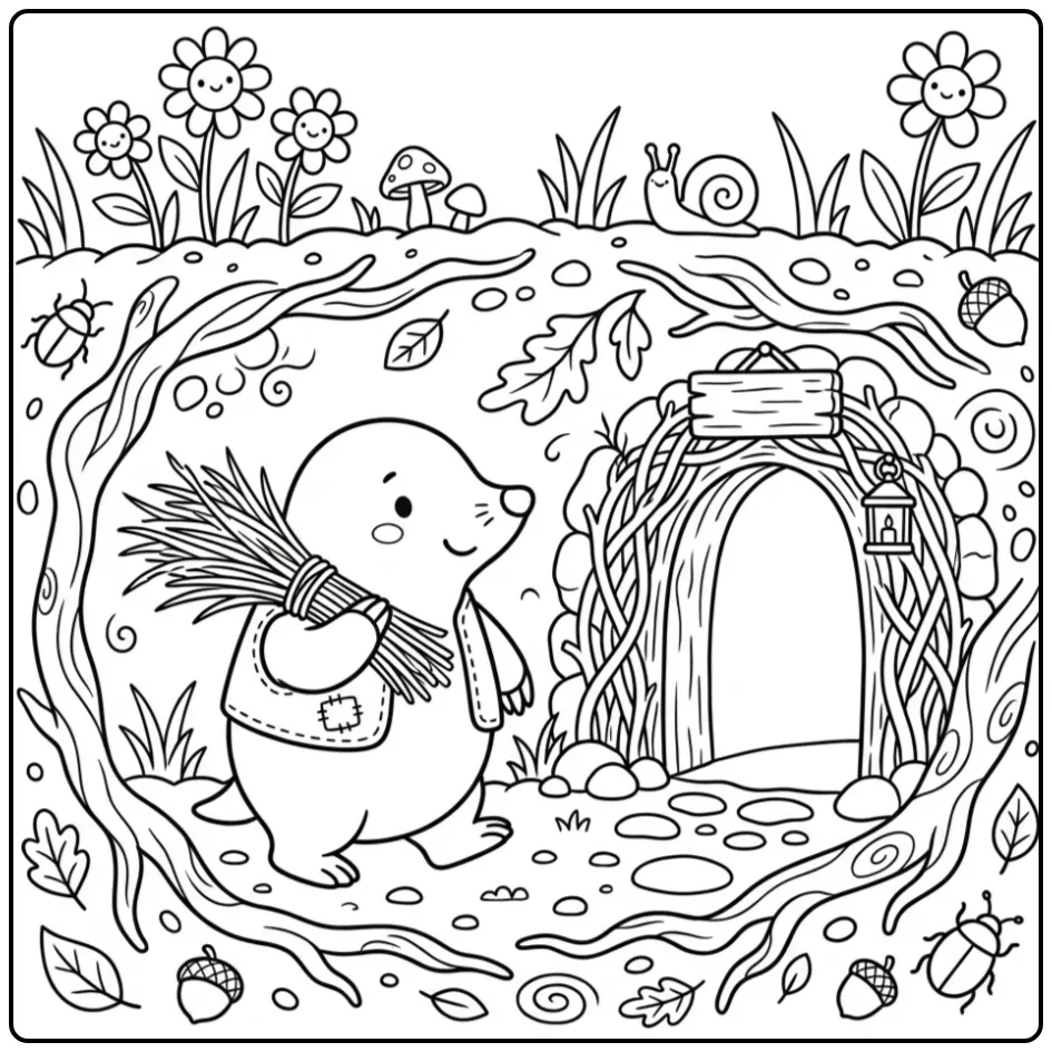 Een schattige kleurplaat mol draagt gras naar zijn holletje.