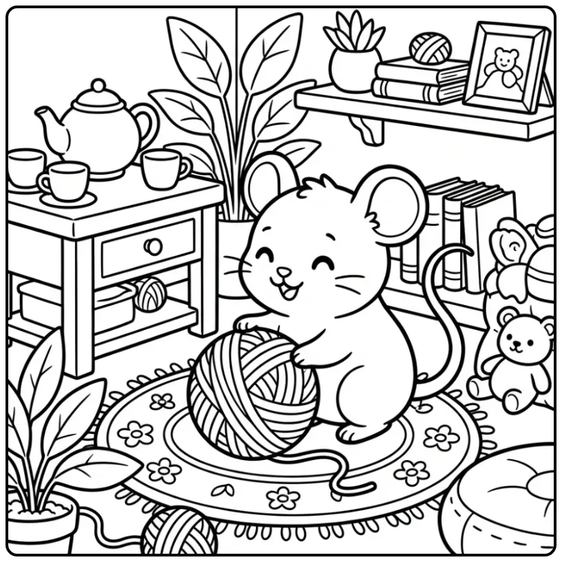 Schattige kleurplaat muis spelend met een bol wol op een kleed.