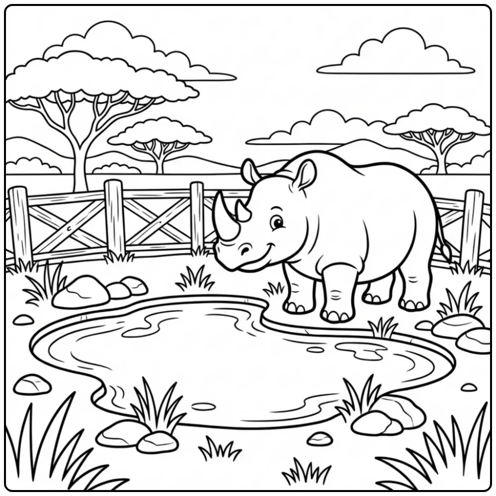 Schattige kleurplaat neushoorn bij een waterpoel.