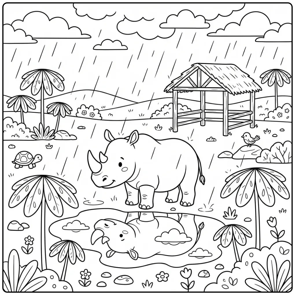 Een schattige kleurplaat neushoorn in de regen in de dierentuin.
