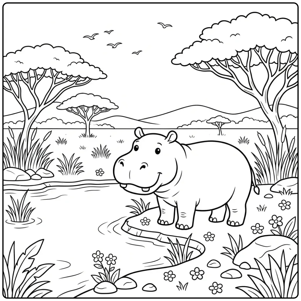 Schattige kleurplaat nijlpaard staand in het hoge gras.