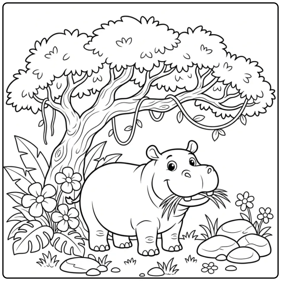Schattige kleurplaat nijlpaard etend van gras onder een boom.