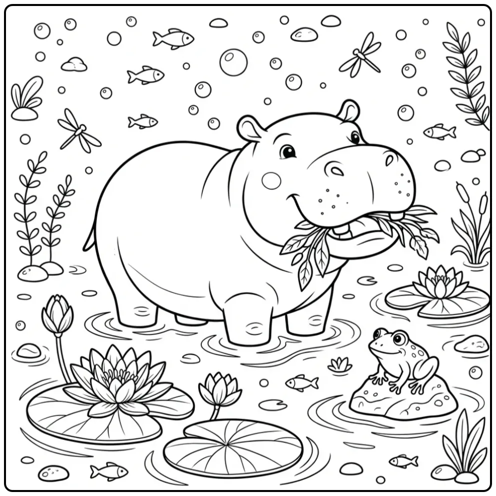 Schattige kleurplaat nijlpaard etend tussen de waterlelies.